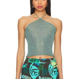 superdown Shimmering Teal Halter Tank Top